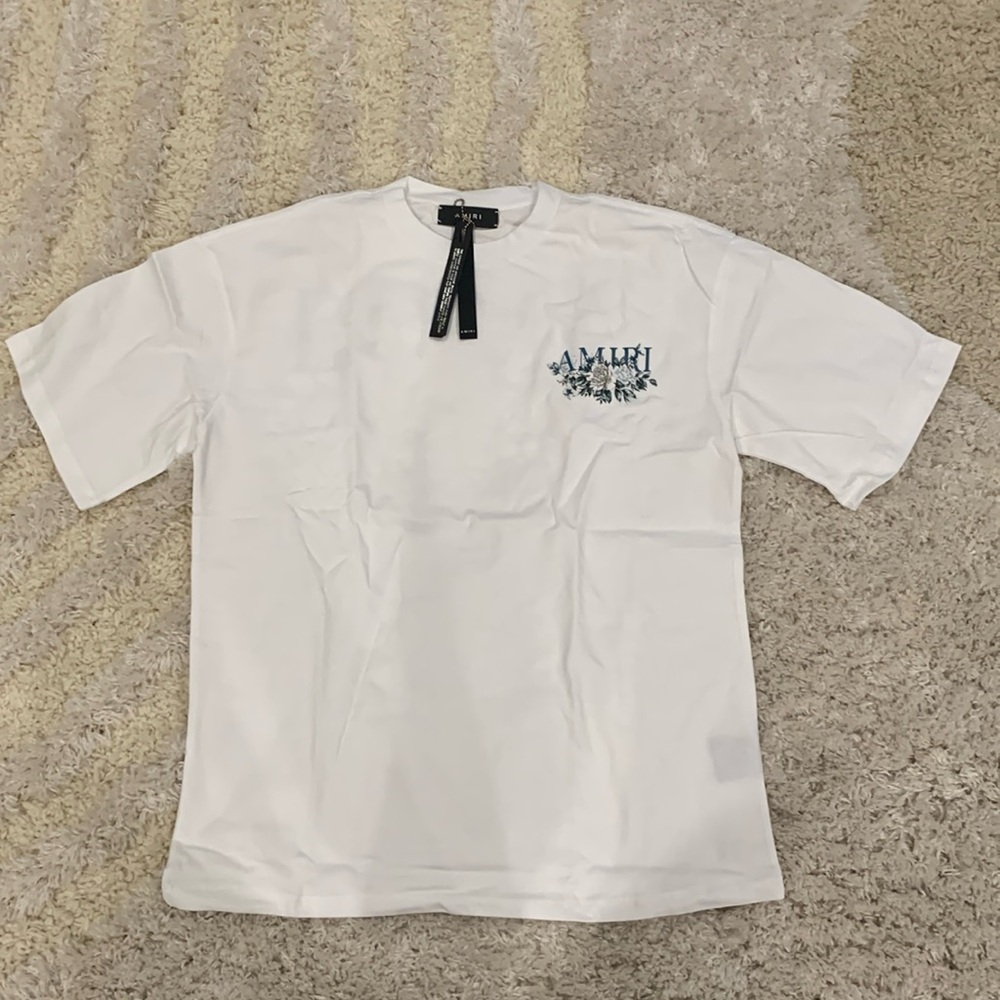 Amiri Blue Logo White Tee Flower Orchard Men’s size Small Medium Large
